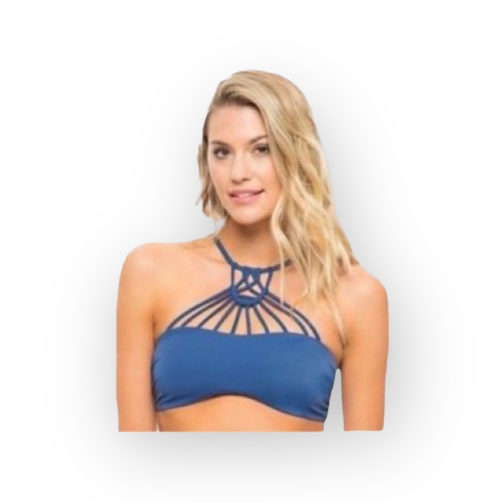 Tori Praver ꕥ Seafoam Sexy Strappy Caged Front Bikini Top ꕥ Teal Blue ꕥ Medium